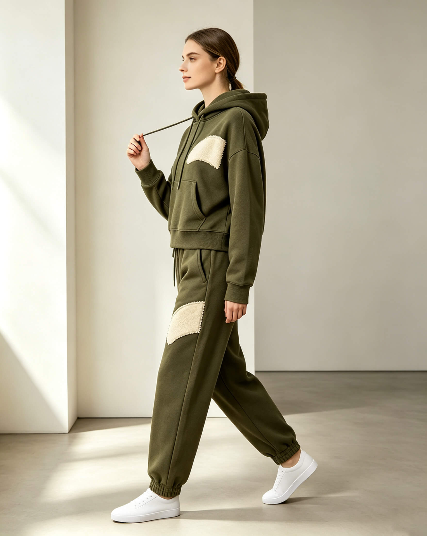 Olive Heavyweight Hoodie Set with Appliqué Embroidery - Image 2