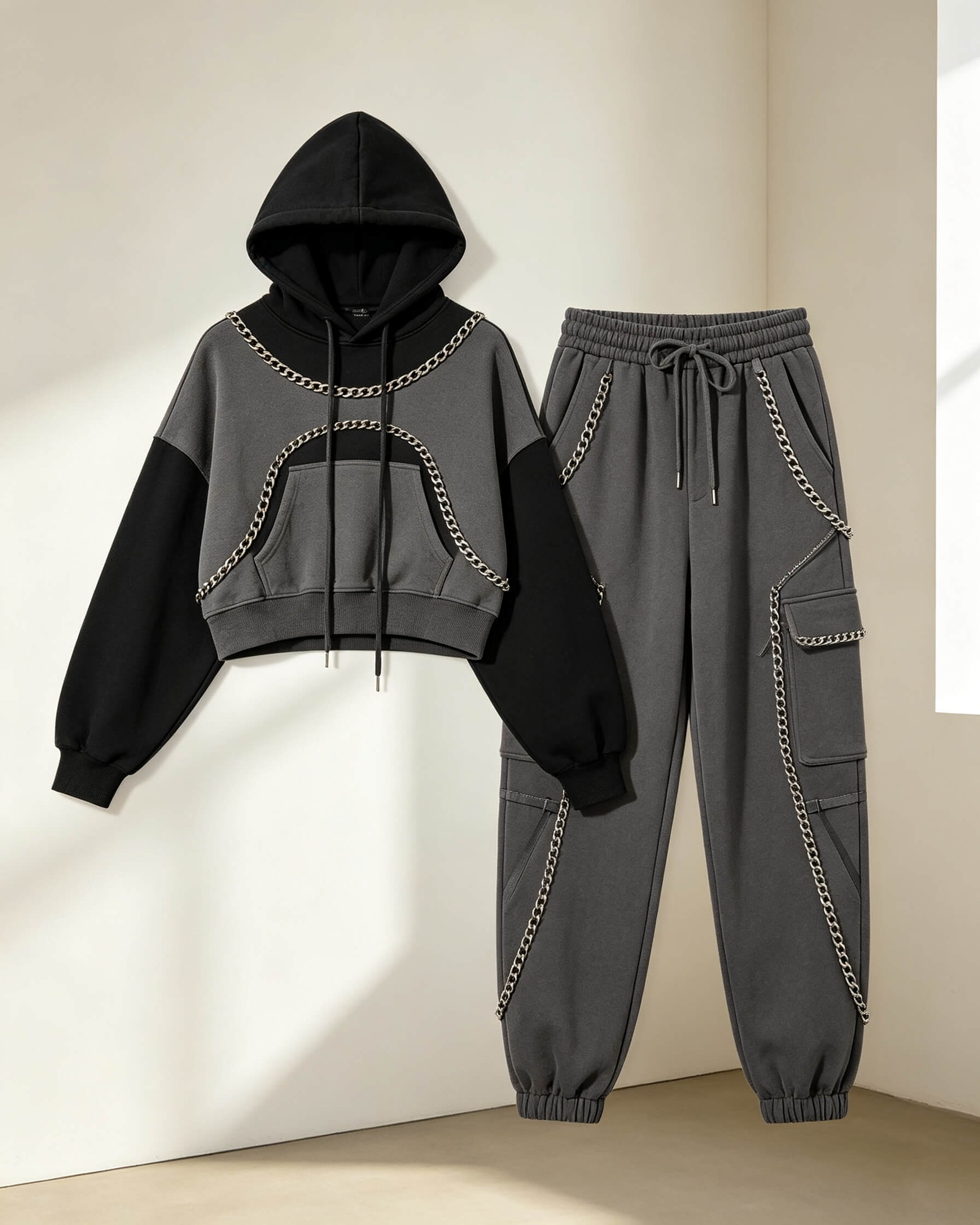 Oversized Street Hoodie Set with Metal Chain Trimming - Image 4