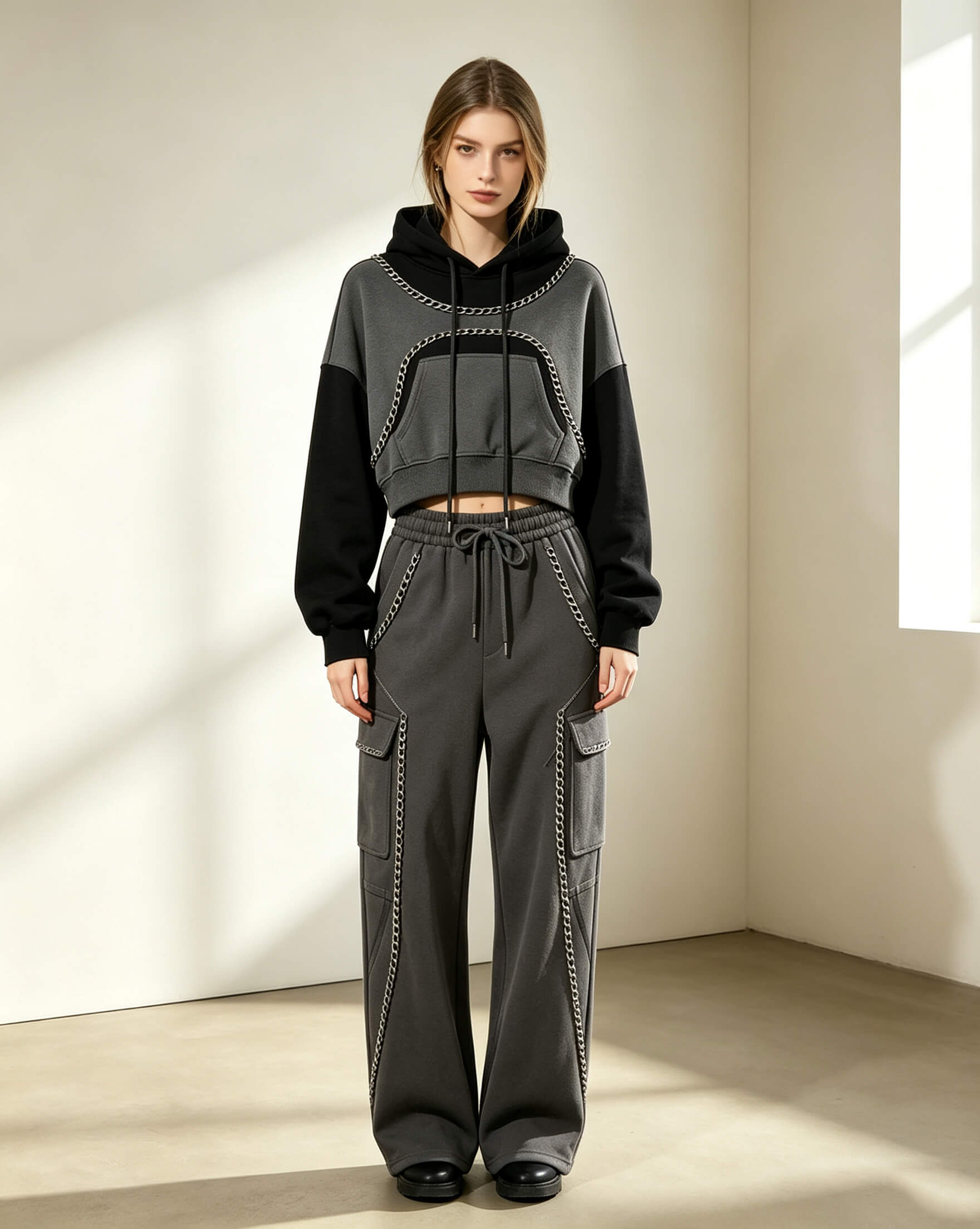 Oversized Street Hoodie Set with Metal Chain Trimming
