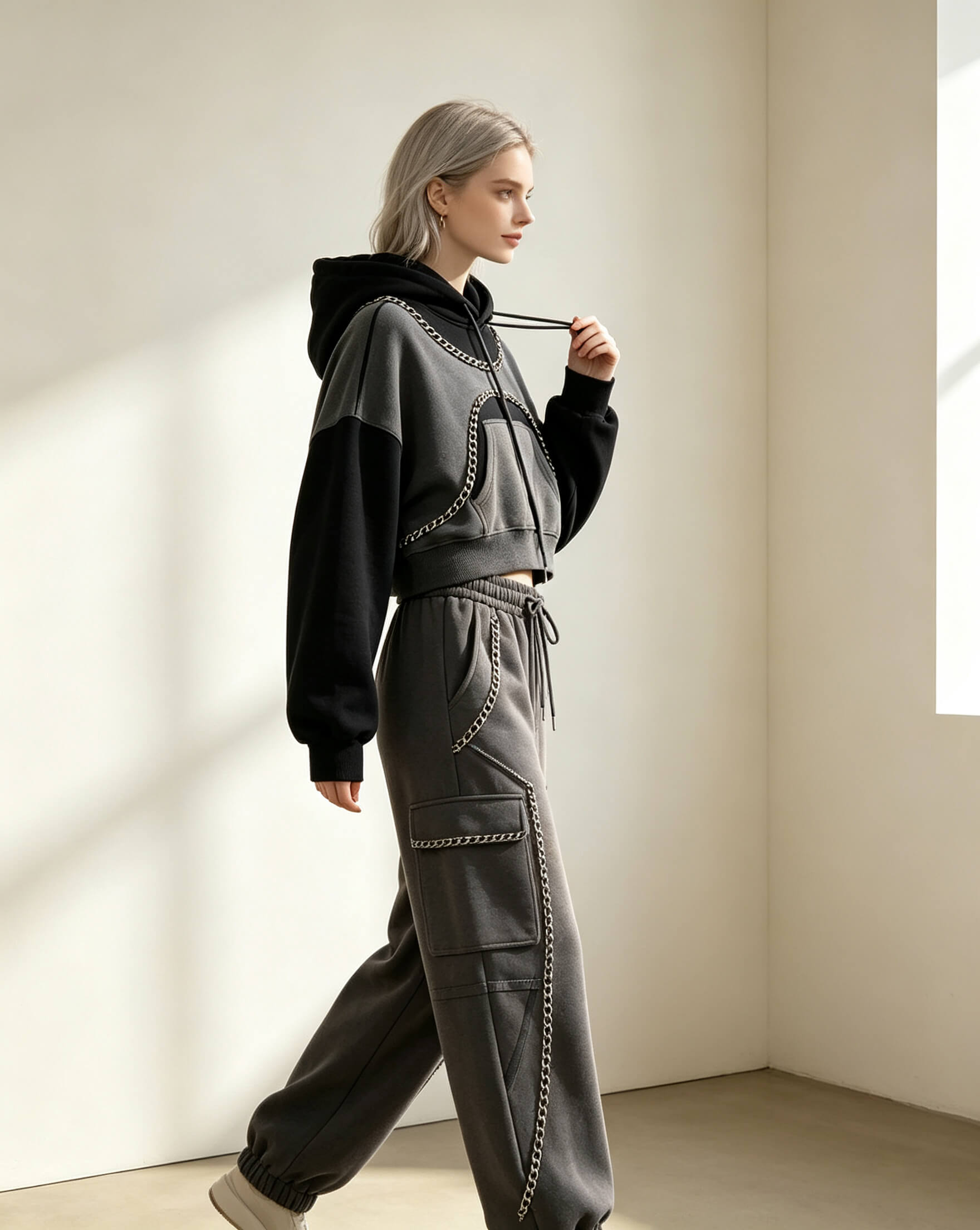 Oversized Street Hoodie Set with Metal Chain Trimming - Image 2