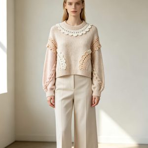 Hand Crochet Lace Trim Sweater