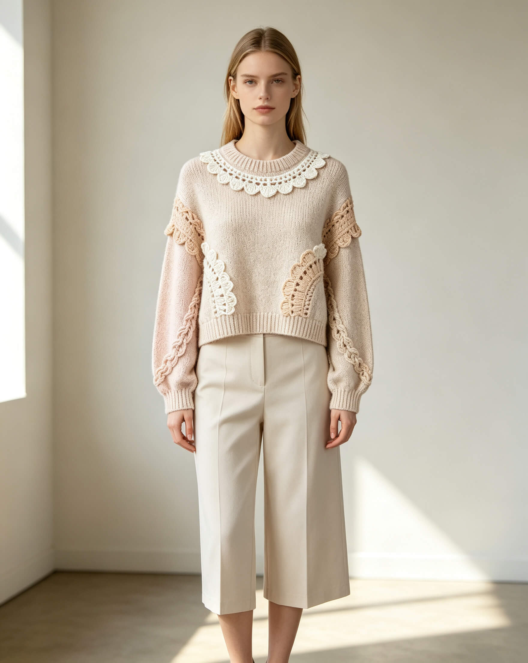 Hand Crochet Lace Trim Sweater