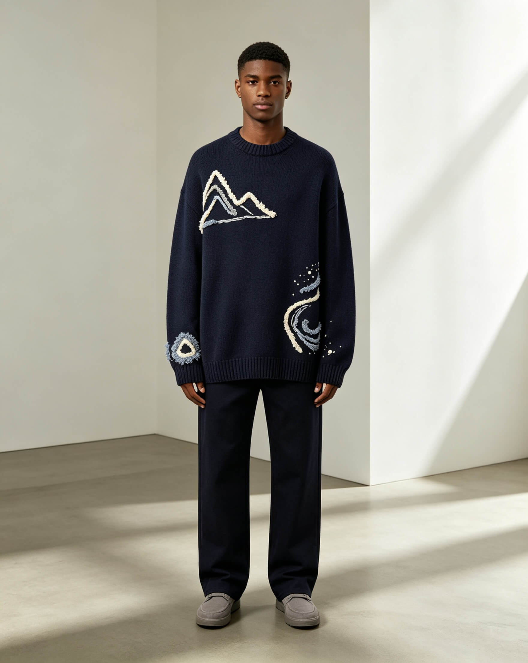 3D Puff Embroidery Navy Sweater