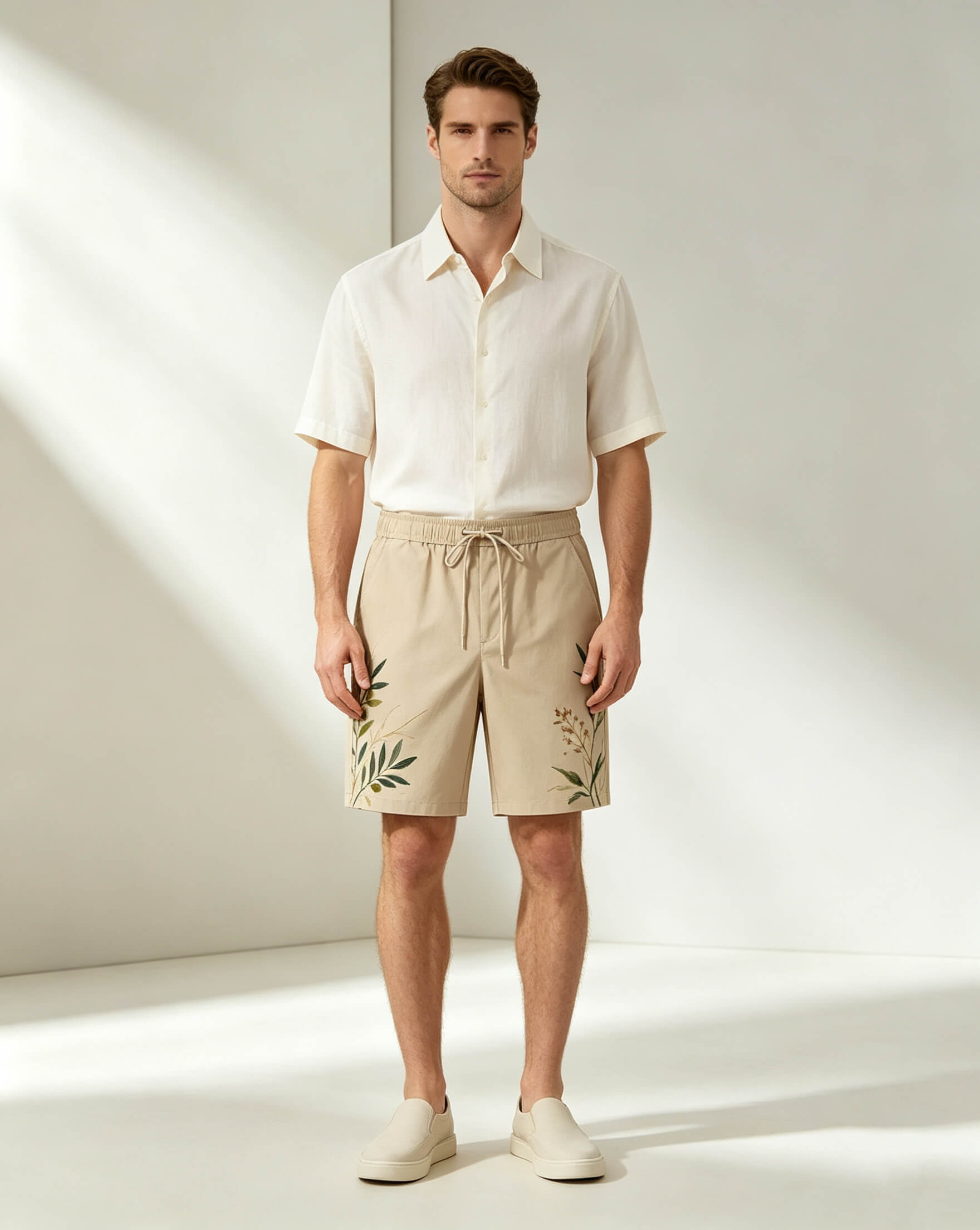 Polyester 5-Inch Shorts with Hand Botanical Print
