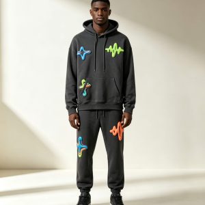 3D Color Puff Print Street Hoodie Set