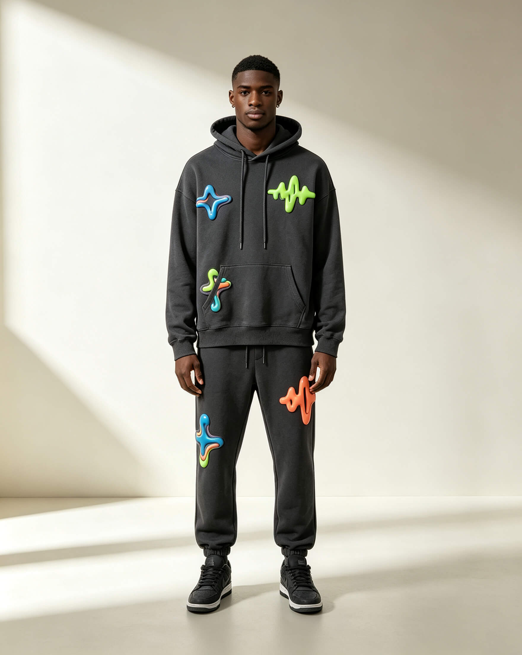 3D Color Puff Print Street Hoodie Set
