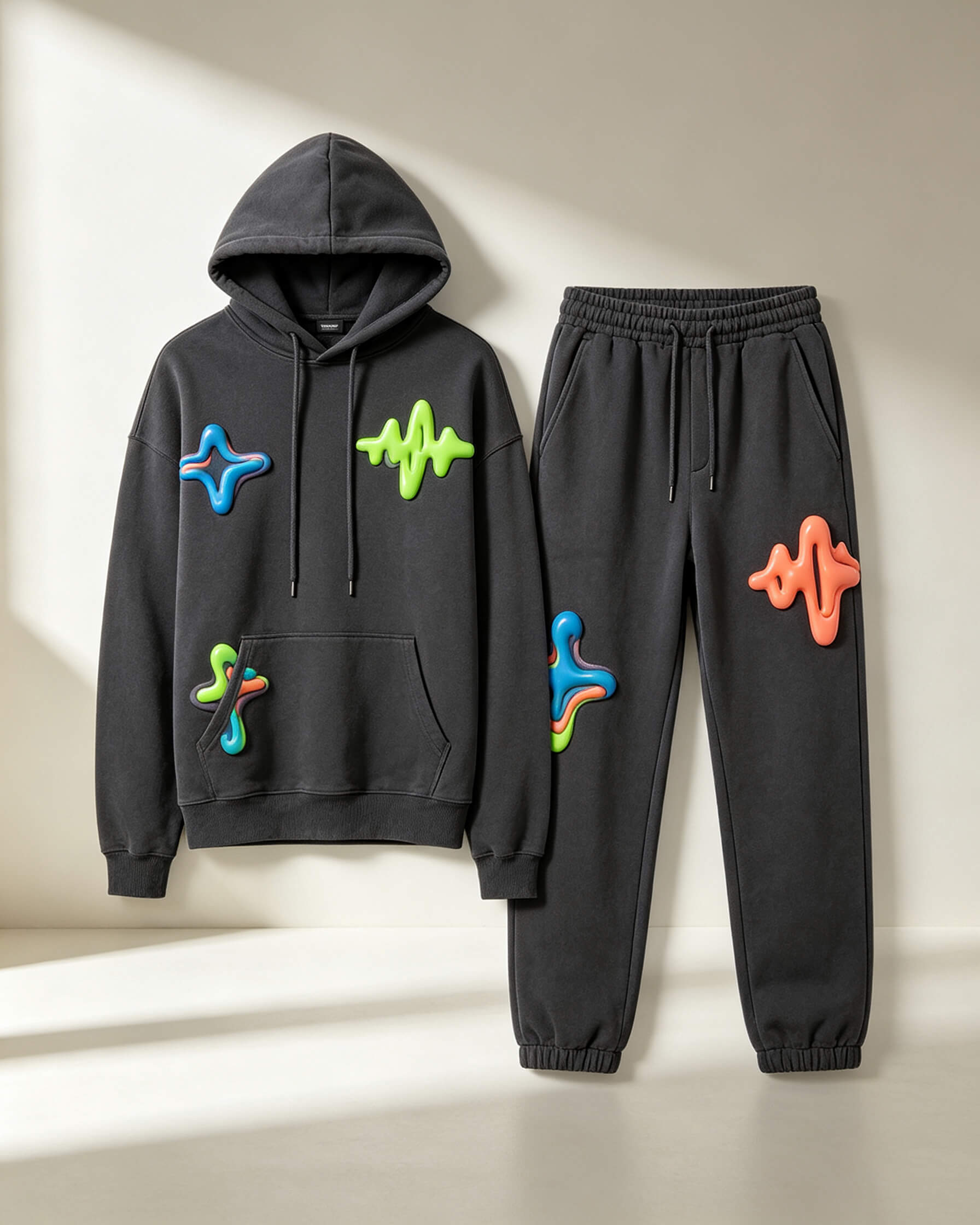 3D Color Puff Print Street Hoodie Set - Image 4
