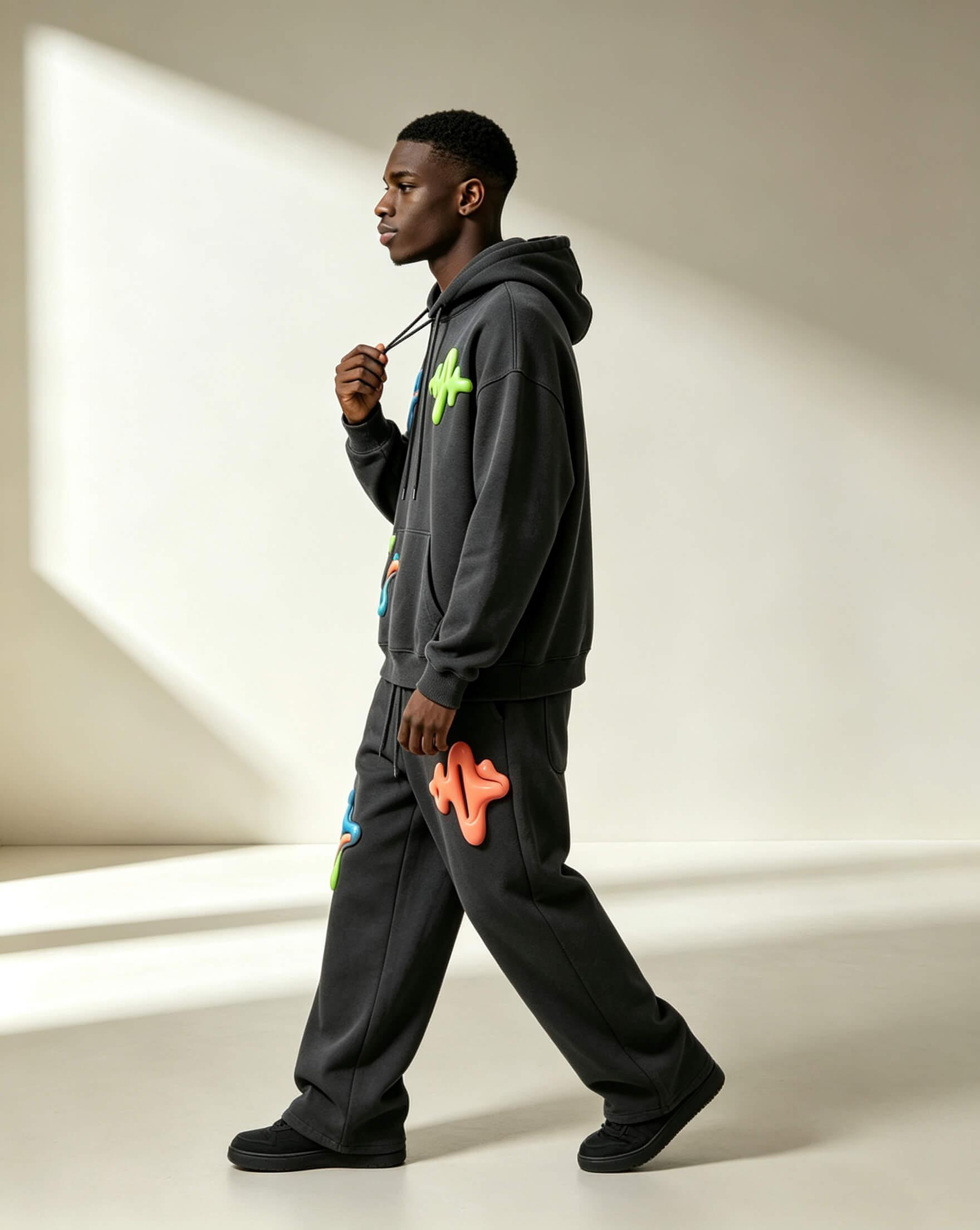 3D Color Puff Print Street Hoodie Set - Image 2