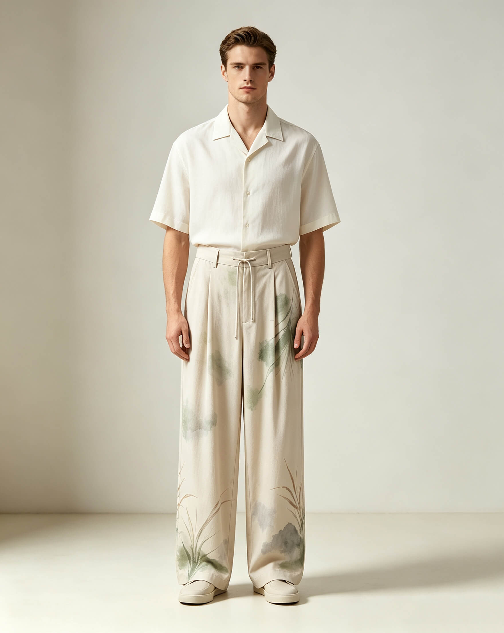 Tencel Wide-Leg Pants with Botanical Reactive Print