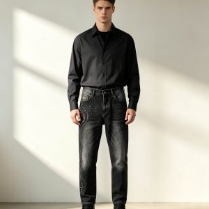 Black Grey Tapered Jeans with Hand Sequin Beading