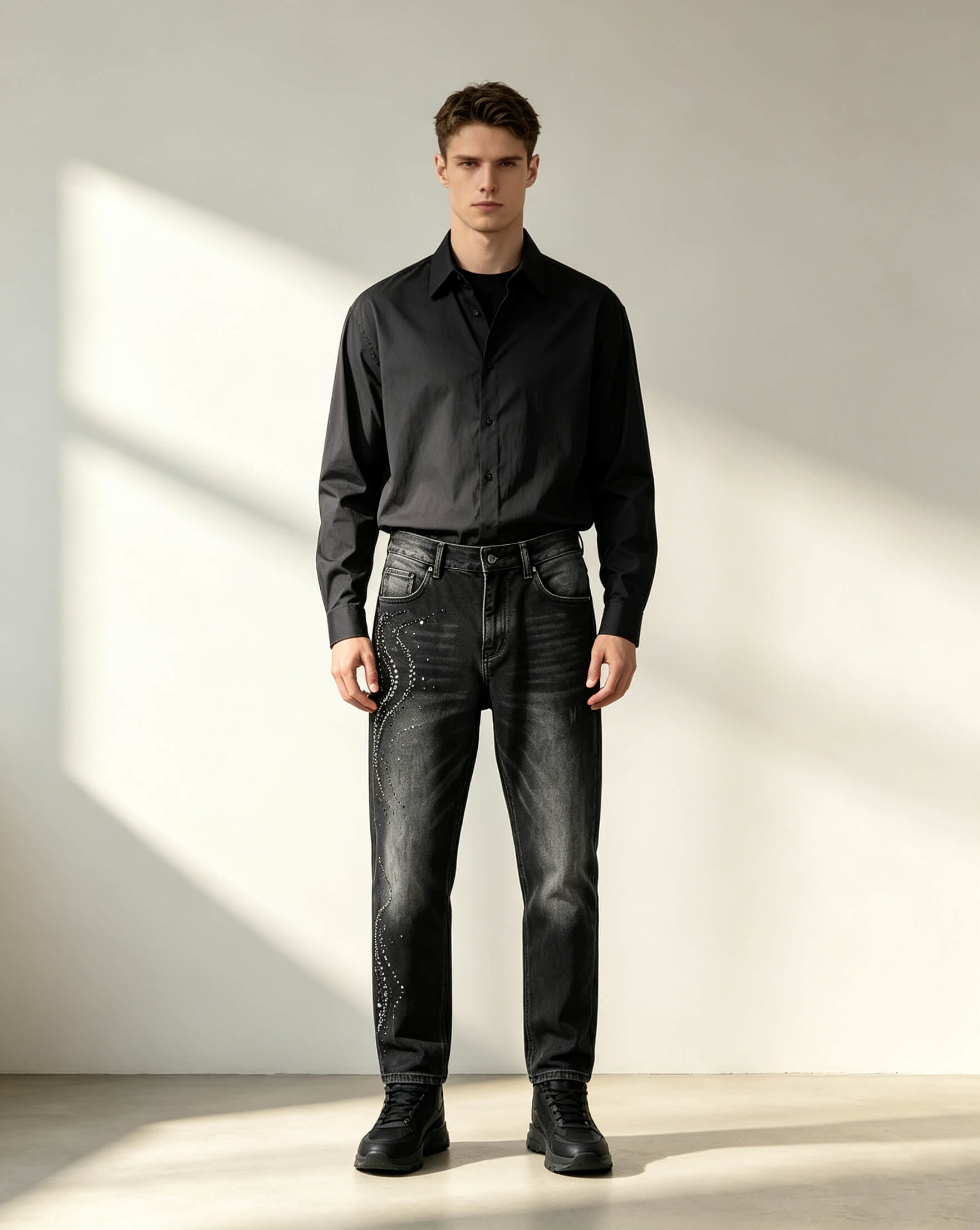 Black Grey Tapered Jeans with Hand Sequin Beading