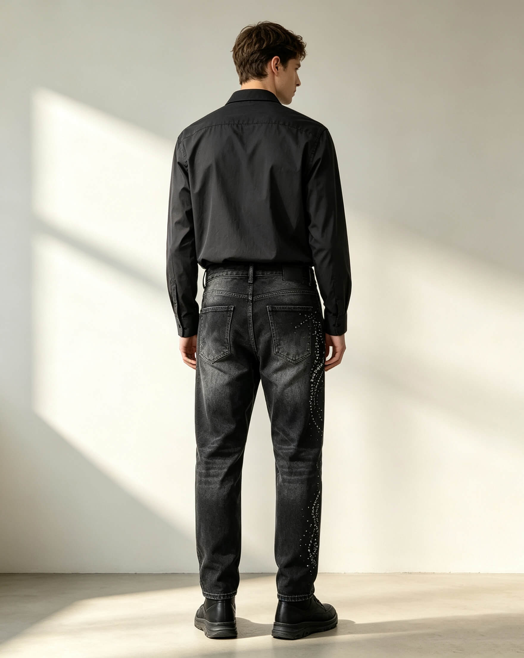 Black Grey Tapered Jeans with Hand Sequin Beading - Image 3