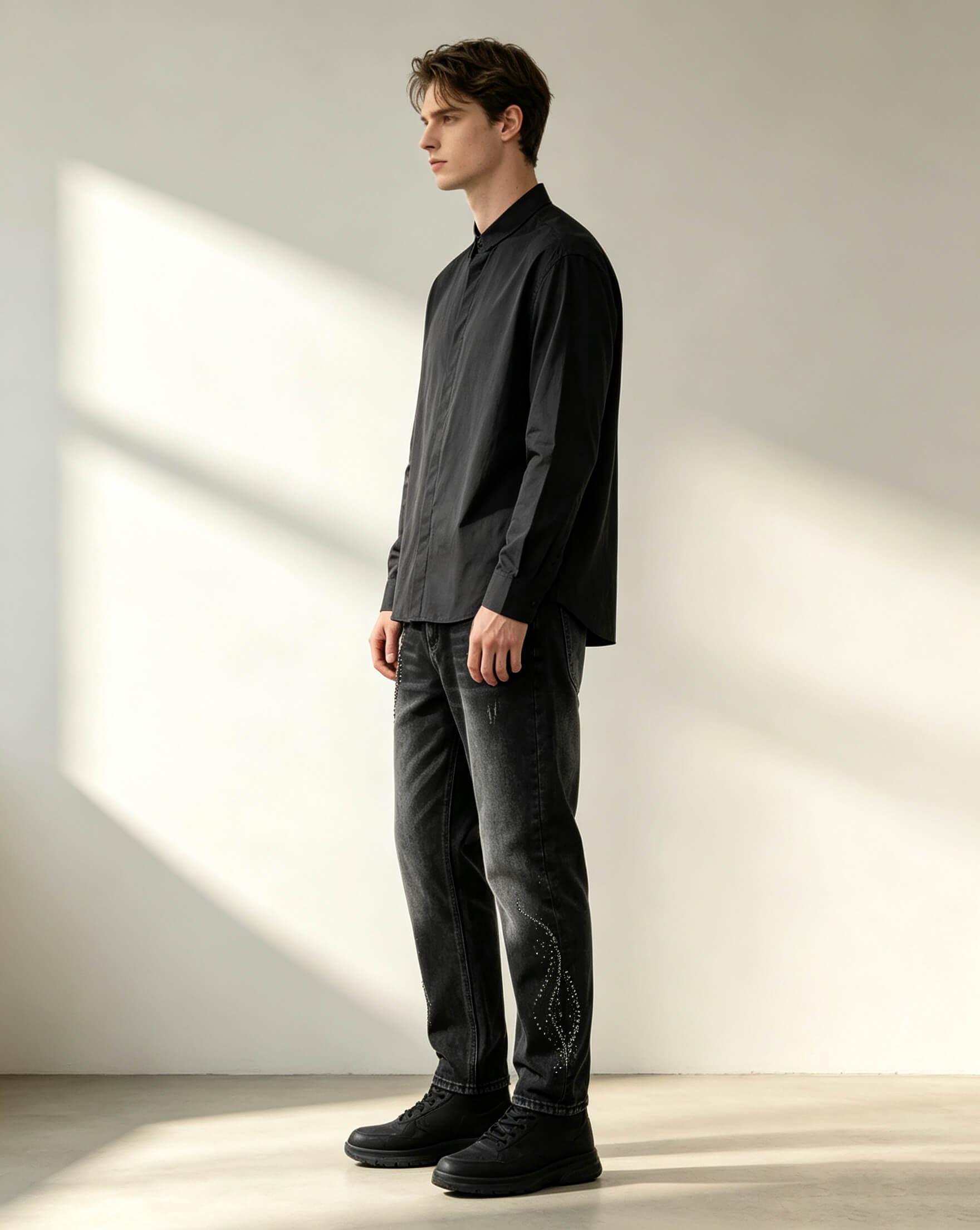 Black Grey Tapered Jeans with Hand Sequin Beading - Image 2