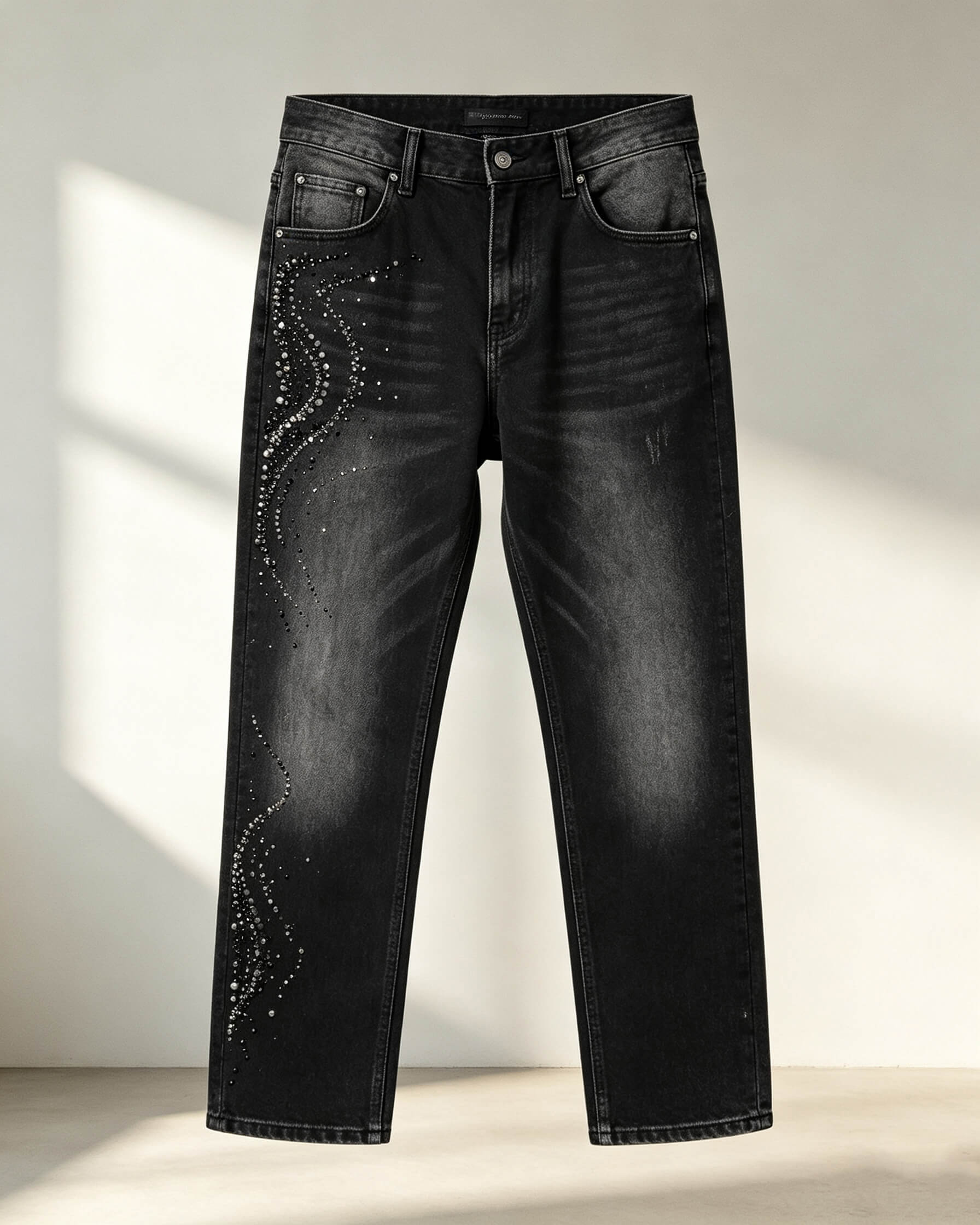 Black Grey Tapered Jeans with Hand Sequin Beading - Image 4