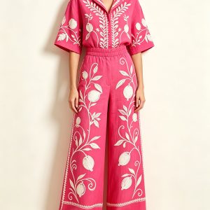 Pink Botanical Embroidered Linen Shirt & Wide-Leg Trousers Set