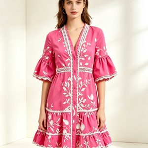 Pink Botanical Embroidery linen blend Tiered Mini Dress