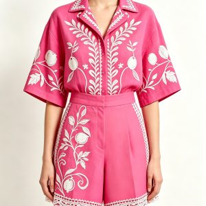 Lemon Vine Print Cotton Embroidery 2-Piece Shorts Set