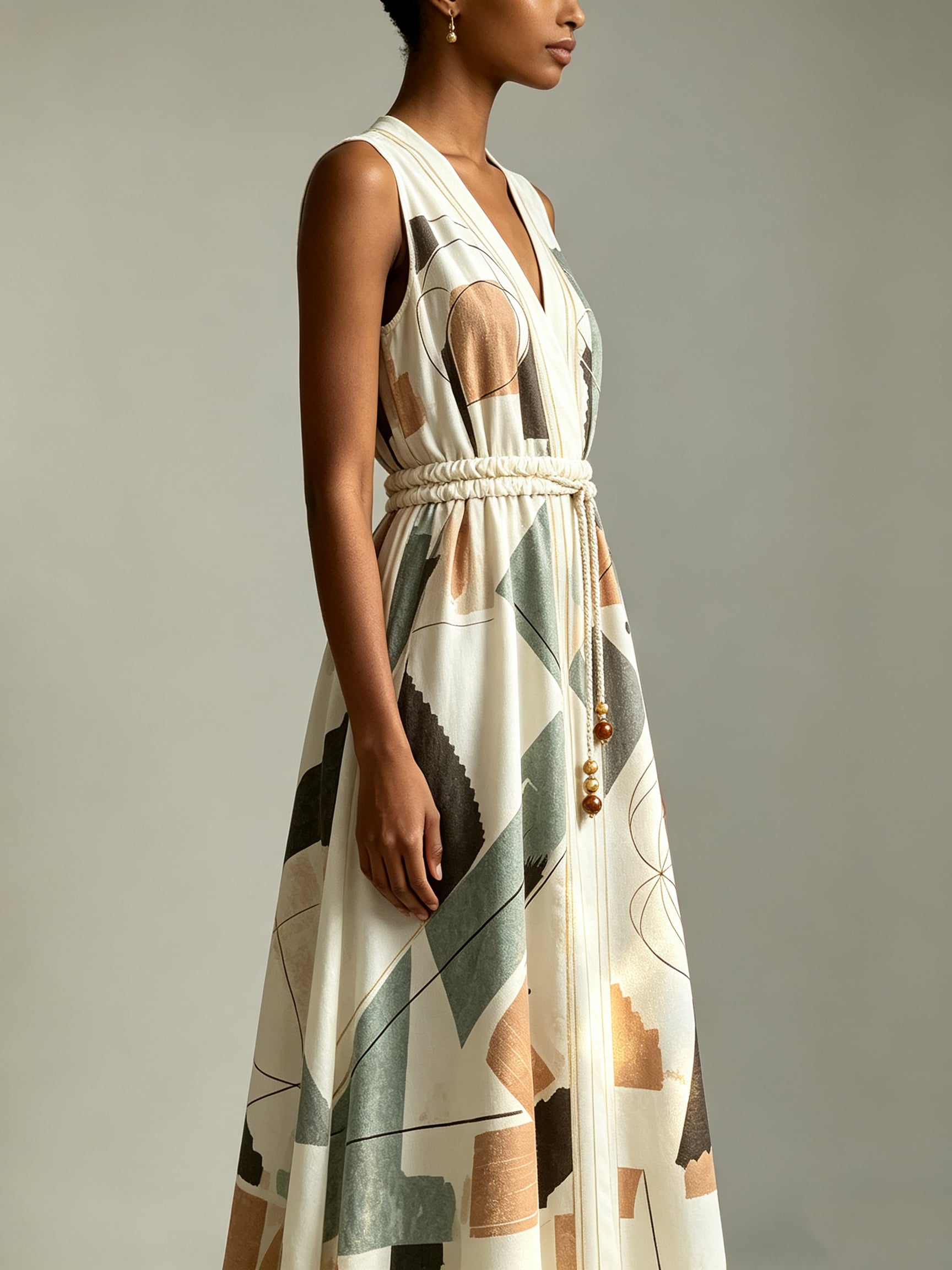 Bespoke Linen-Silk Sacred Geometry Ruched Maxi Dress - Image 2