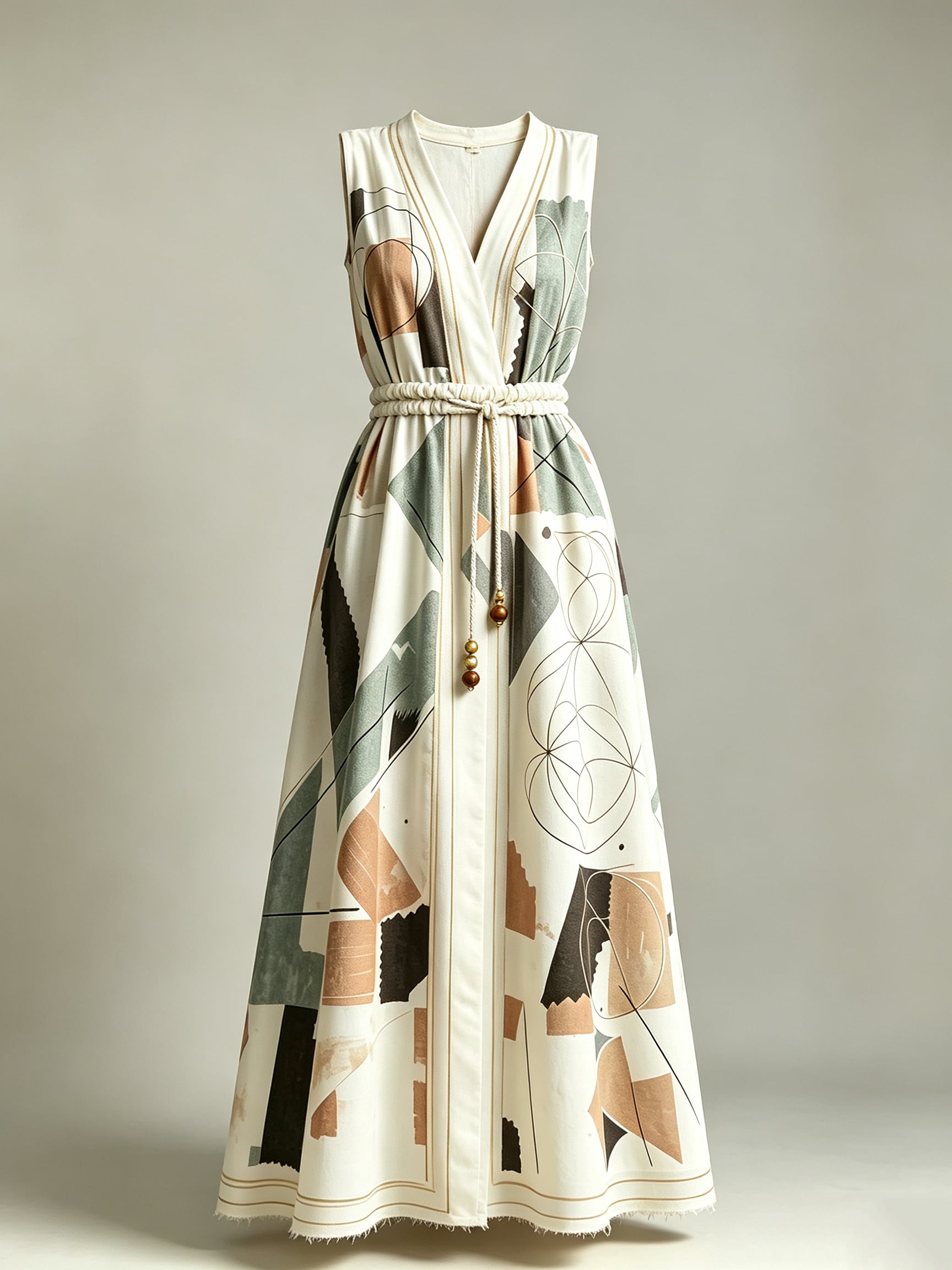 Bespoke Linen-Silk Sacred Geometry Ruched Maxi Dress - Image 3