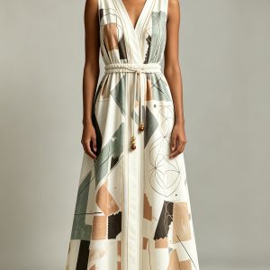 Bespoke Linen-Silk Sacred Geometry Ruched Maxi Dress