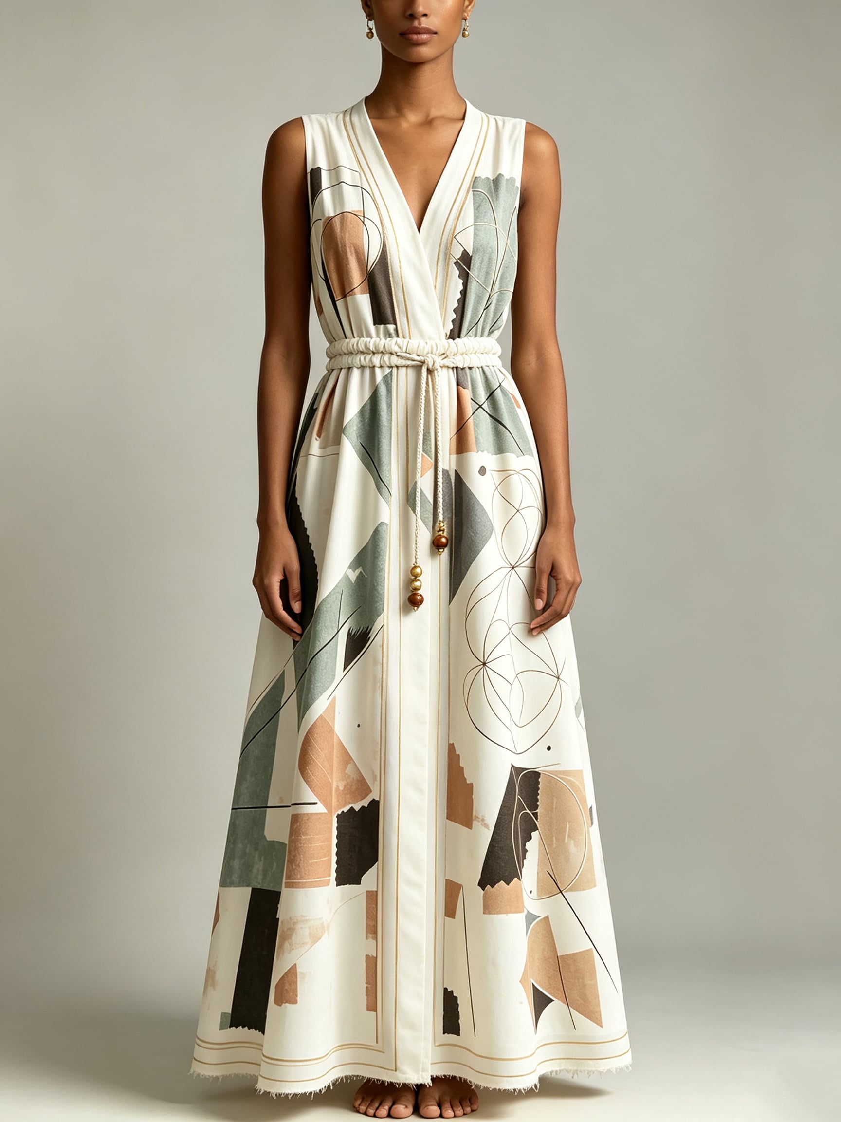 Bespoke Linen-Silk Sacred Geometry Ruched Maxi Dress